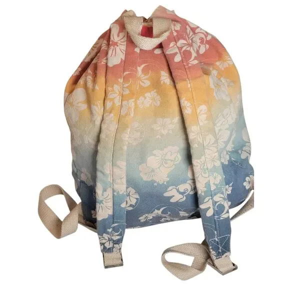 Disney Parks Floral Hawaiian Canvas Bag Drawstring Backpack Rainbow 15.5x12x5 - Picture 2 of 5